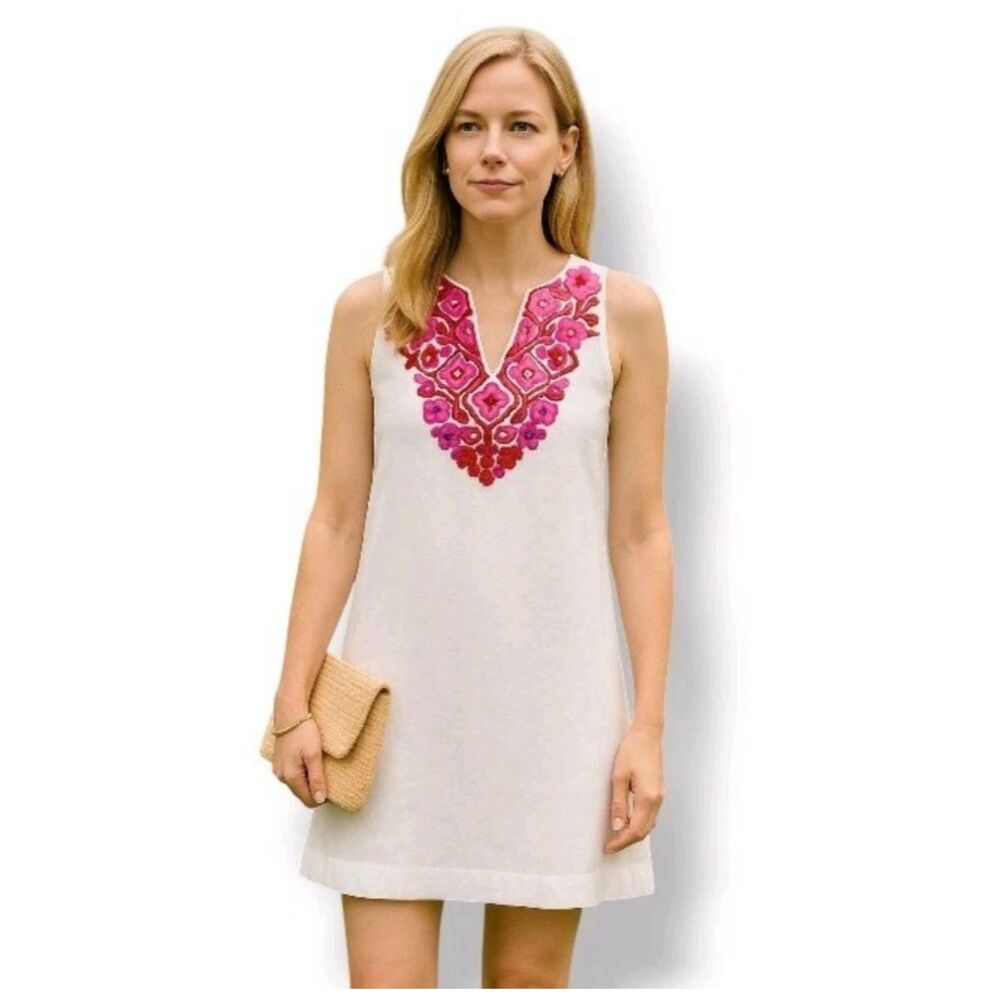 J.CREW White Linen Floral Embroidery Shift Dress